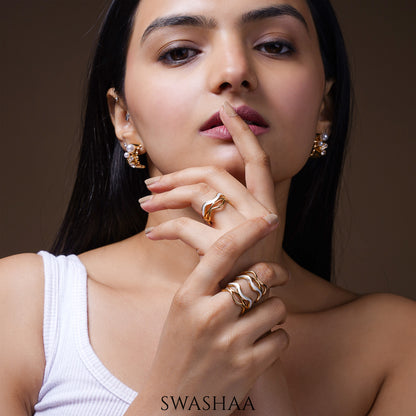 Tariya White Wavy Curves Enamel 18K Gold Plated Ring