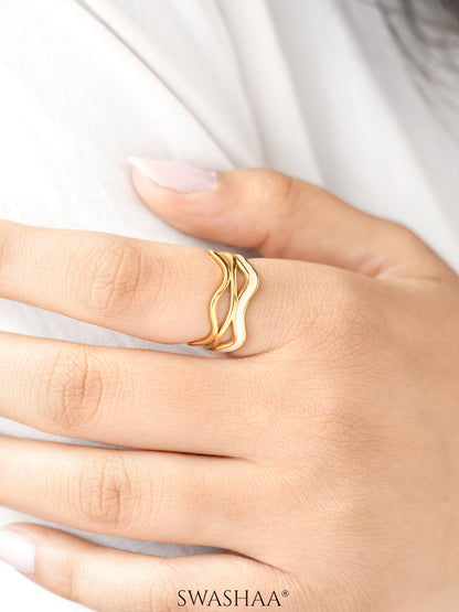 Tariya White Wavy Curves Enamel 18K Gold Plated Ring