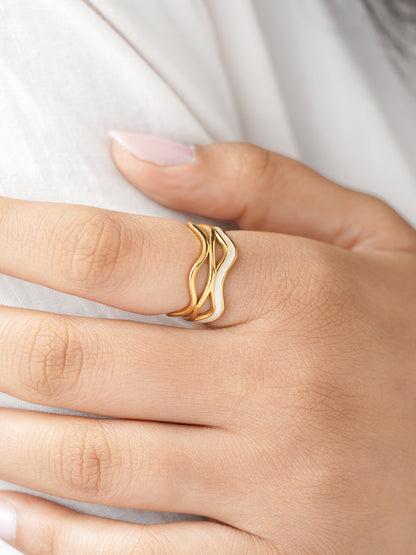 Tariya White Wavy Curves Enamel 18K Gold Plated Ring