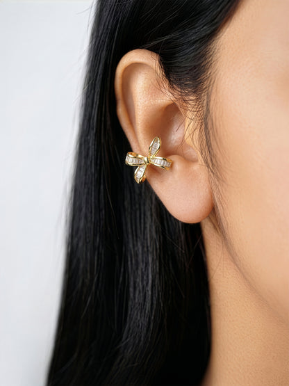 Tavelle Baguette Diamond Bow 18K Gold Plated Women's Ear Cuffs