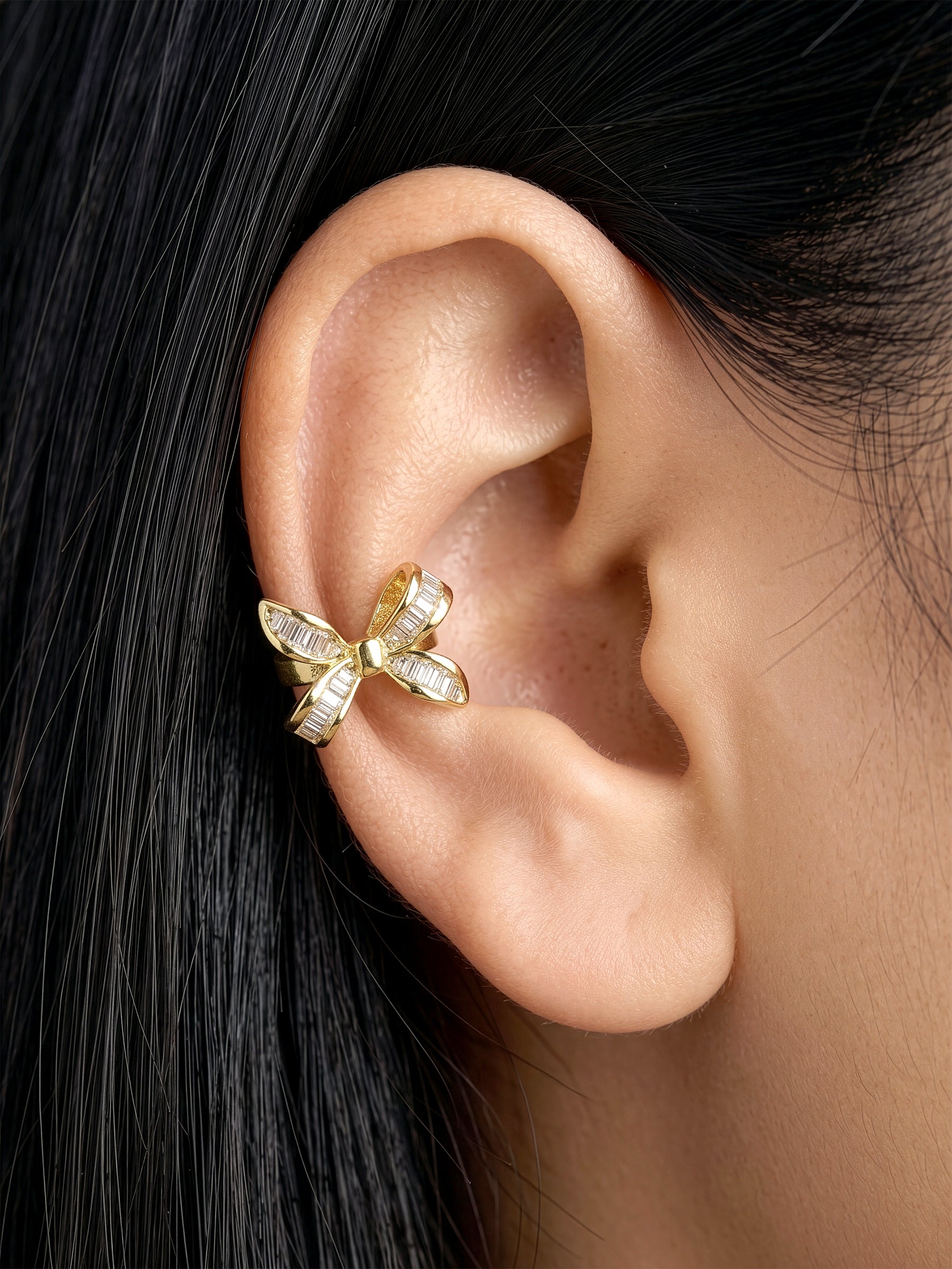 Tavelle Baguette Diamond Bow 18K Gold Plated Women's Ear Cuffs