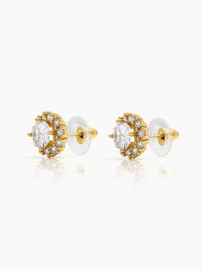 Tavessa Halo Round Diamond Solitaire 18K Gold Plated Women's Stud Earrings