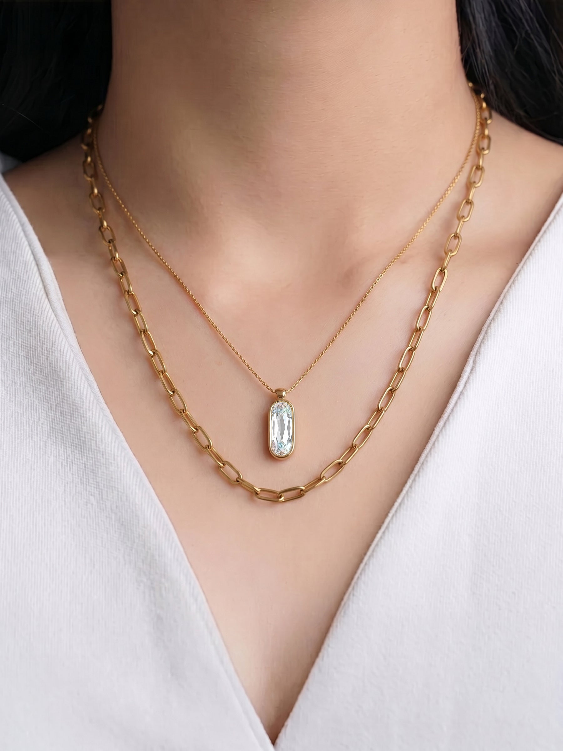 Tavira Diamond Solitaire Drop Link 18K Gold Plated Women's Layered Chain Pendant Necklace