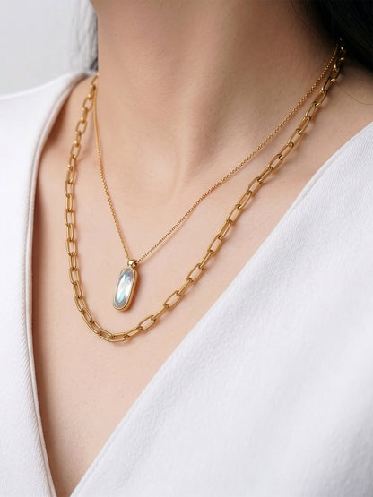 Tavira Diamond Solitaire Drop Link 18K Gold Plated Women's Layered Chain Pendant Necklace