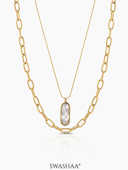 Tavira Diamond Solitaire Drop Link 18K Gold Plated Women's Layered Chain Pendant Necklace