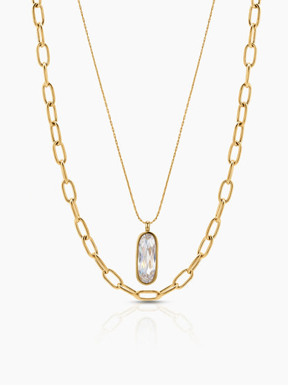 Tavira Diamond Solitaire Drop Link 18K Gold Plated Women's Layered Chain Pendant Necklace
