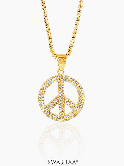 Tavish Round Peace Sign 18K Gold Plated Men's Chain Pendant