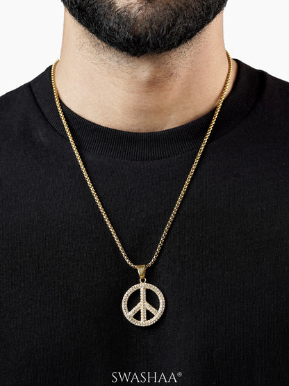 Tavish Round Peace Sign 18K Gold Plated Men's Chain Pendant