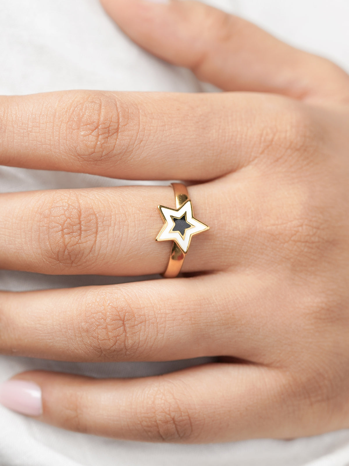Telca Star Black White Enamel 18K Gold Plated Ring