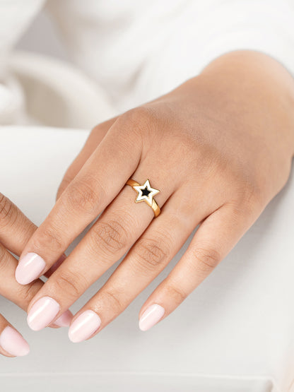 Telca Star Black White Enamel 18K Gold Plated Ring