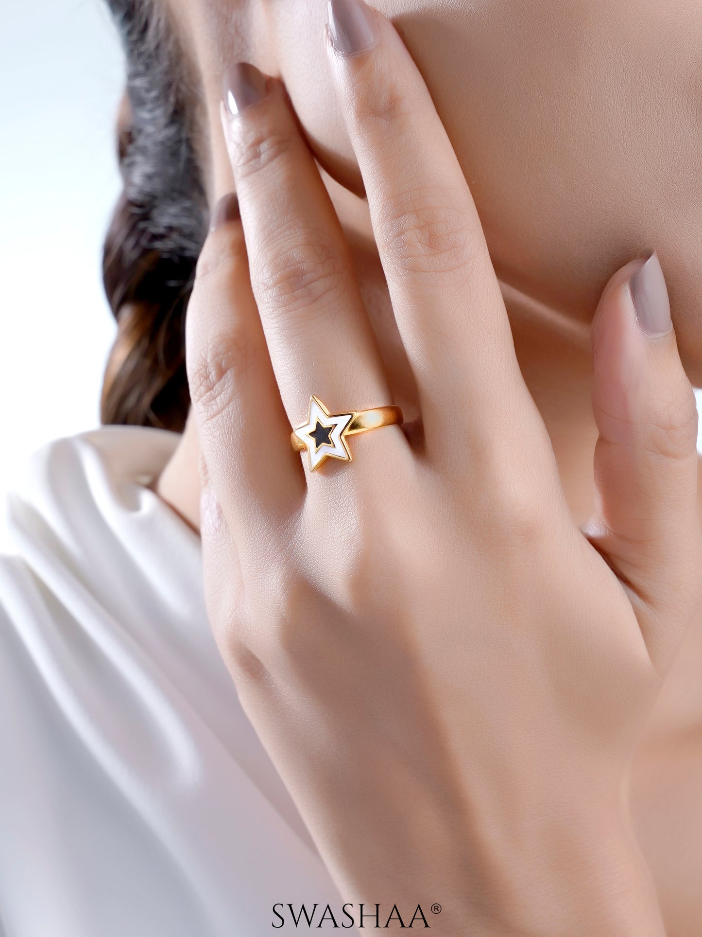 Telca Star Black White Enamel 18K Gold Plated Ring