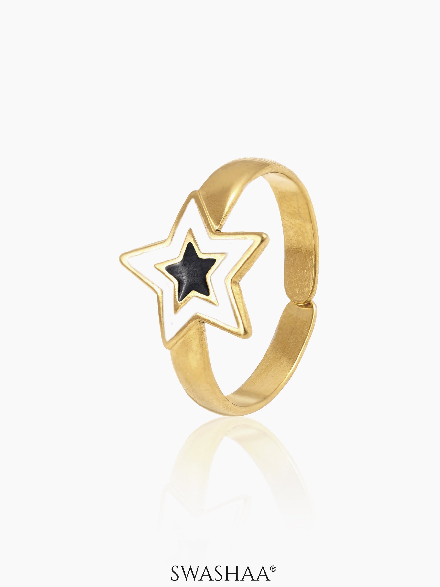 Telca Star Black White Enamel 18K Gold Plated Ring