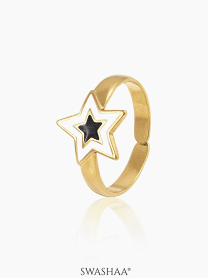 Telca Star Black White Enamel 18K Gold Plated Ring