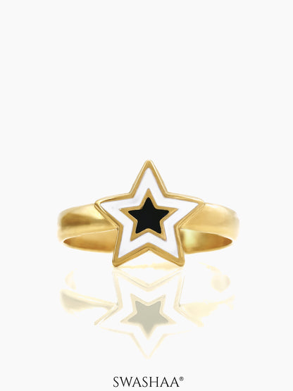 Telca Star Black White Enamel 18K Gold Plated Ring