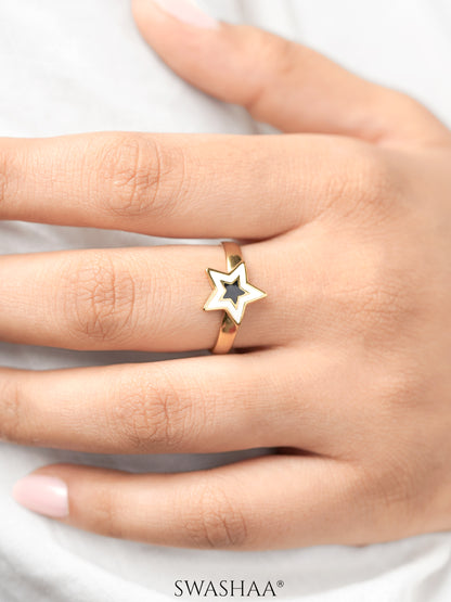 Telca Star Black White Enamel 18K Gold Plated Ring