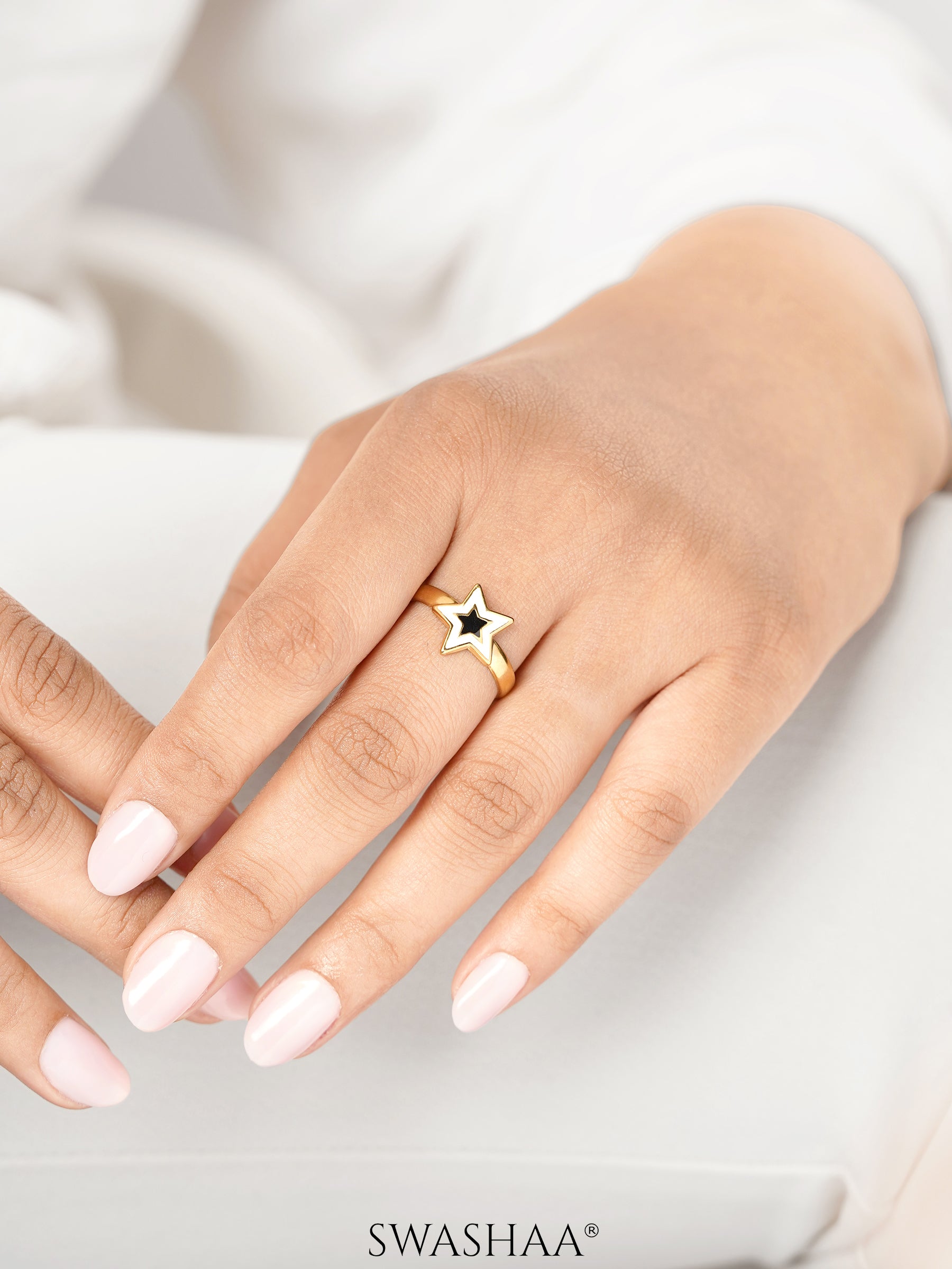 Telca Star Black White Enamel 18K Gold Plated Ring