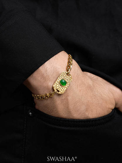Textured Tag Green Stone Cuban Chain Men's Bracelet