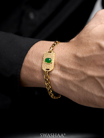 Textured Tag Green Stone Cuban Chain Men's Bracelet