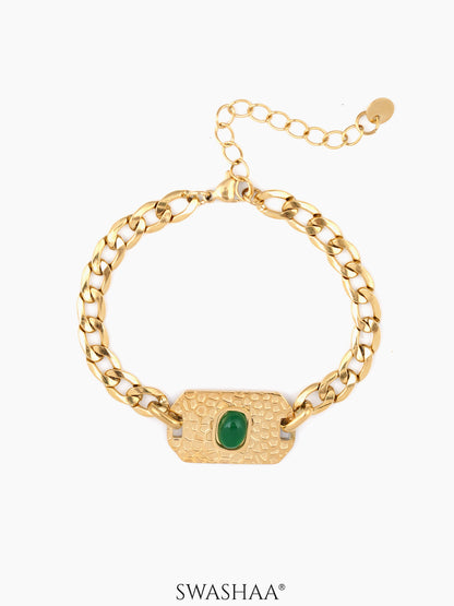 Textured Tag Green Stone Cuban Chain Men's Bracelet