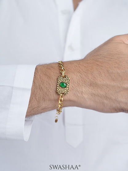 Textured Tag Green Stone Cuban Chain Men's Bracelet