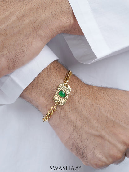 Textured Tag Green Stone Cuban Chain Men's Bracelet