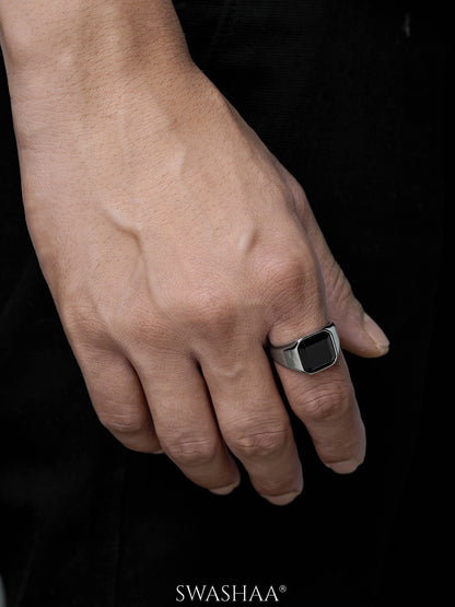 Thorne Black Square Stone Signet Band Men's Ring