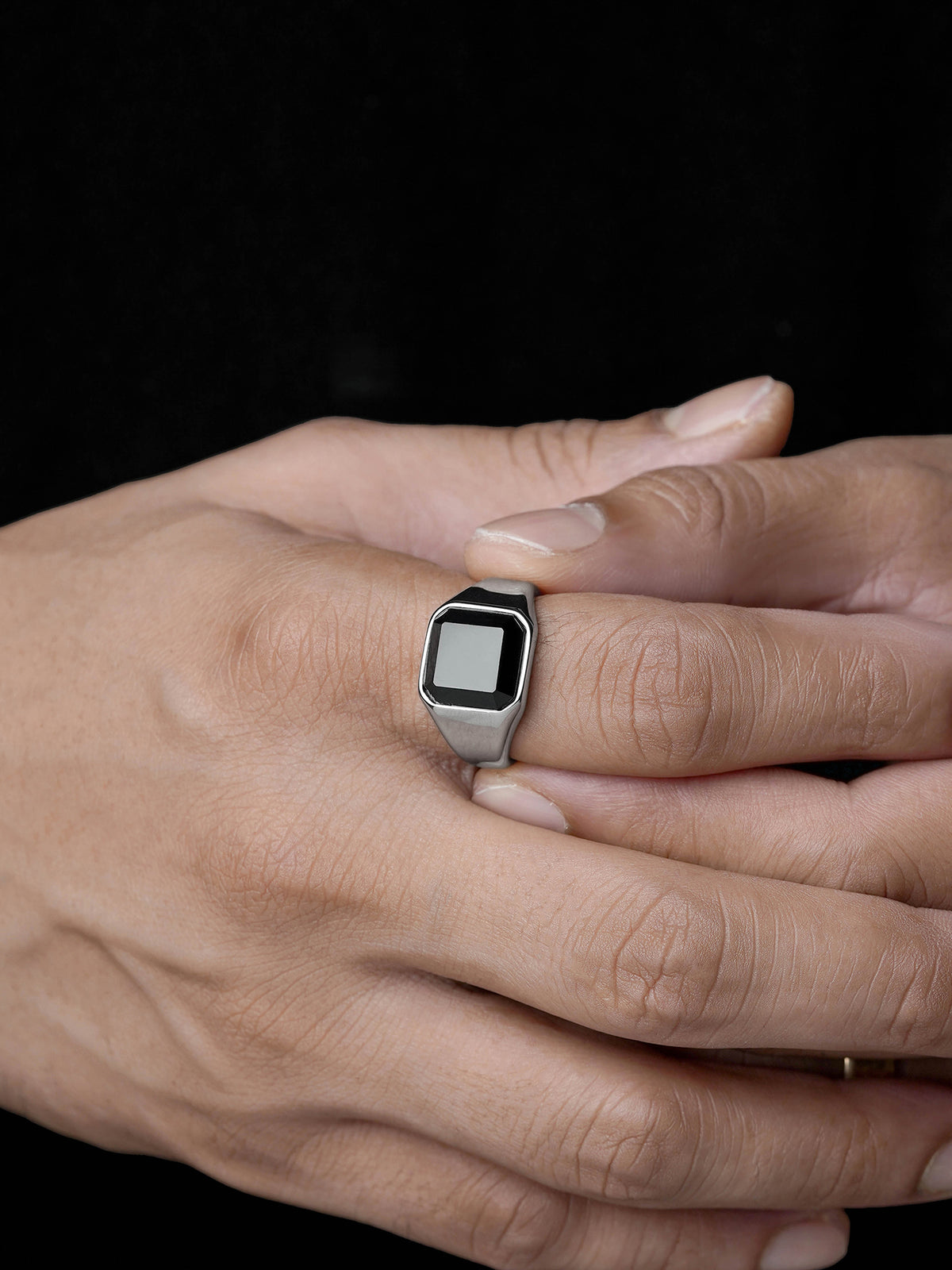 Thorne Black Square Stone Signet Band Men's Ring
