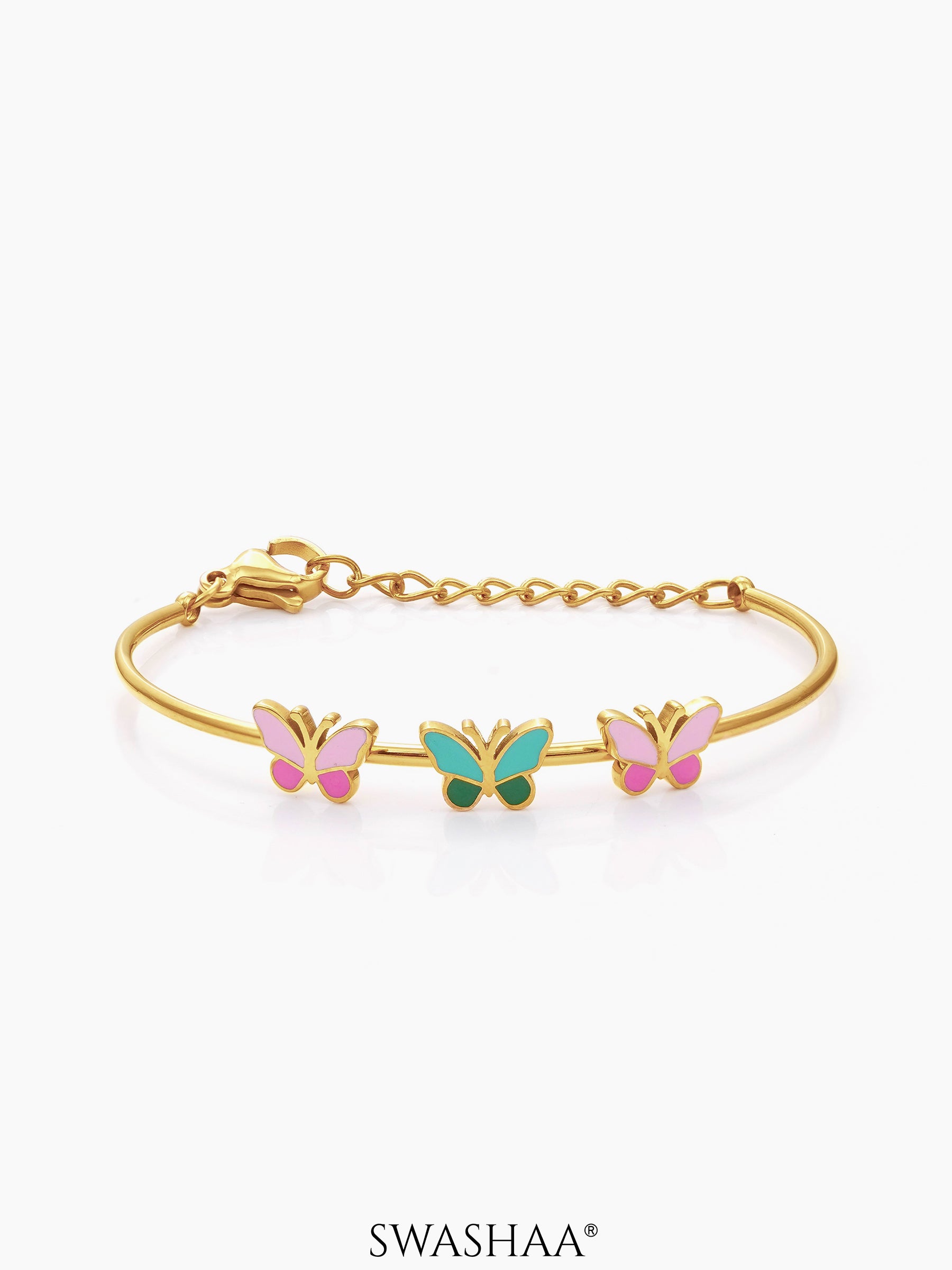 Three Butterfly Charms 18K Gold Plated Kid's Cuff Kada Bracelet