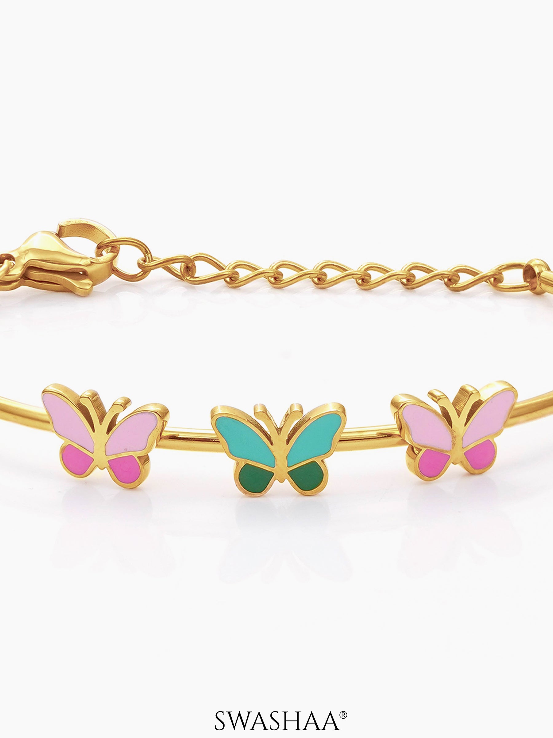 Three Butterfly Charms 18K Gold Plated Kid's Cuff Kada Bracelet