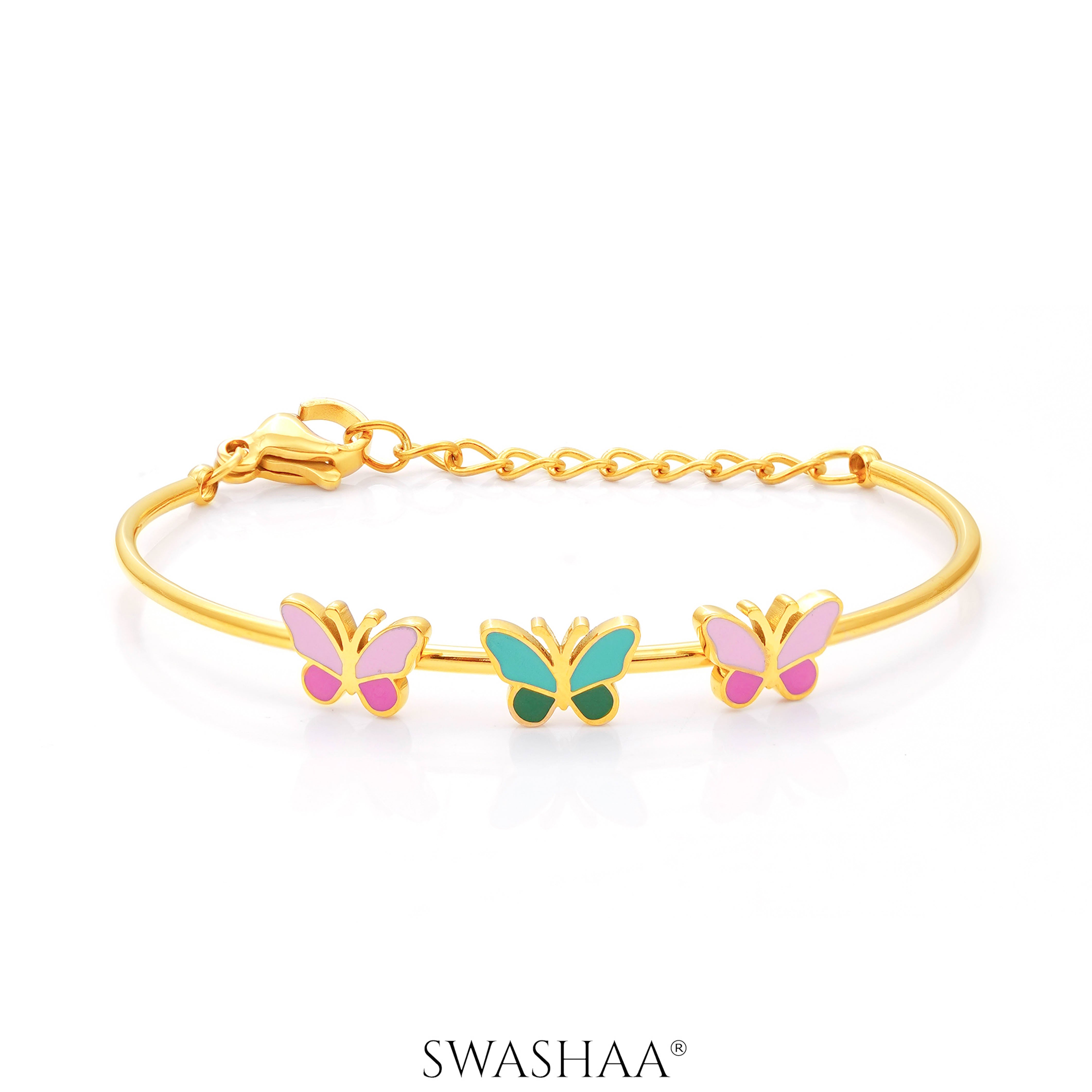 Three Butterfly Charms 18K Gold Plated Kid's Kada Bracelet