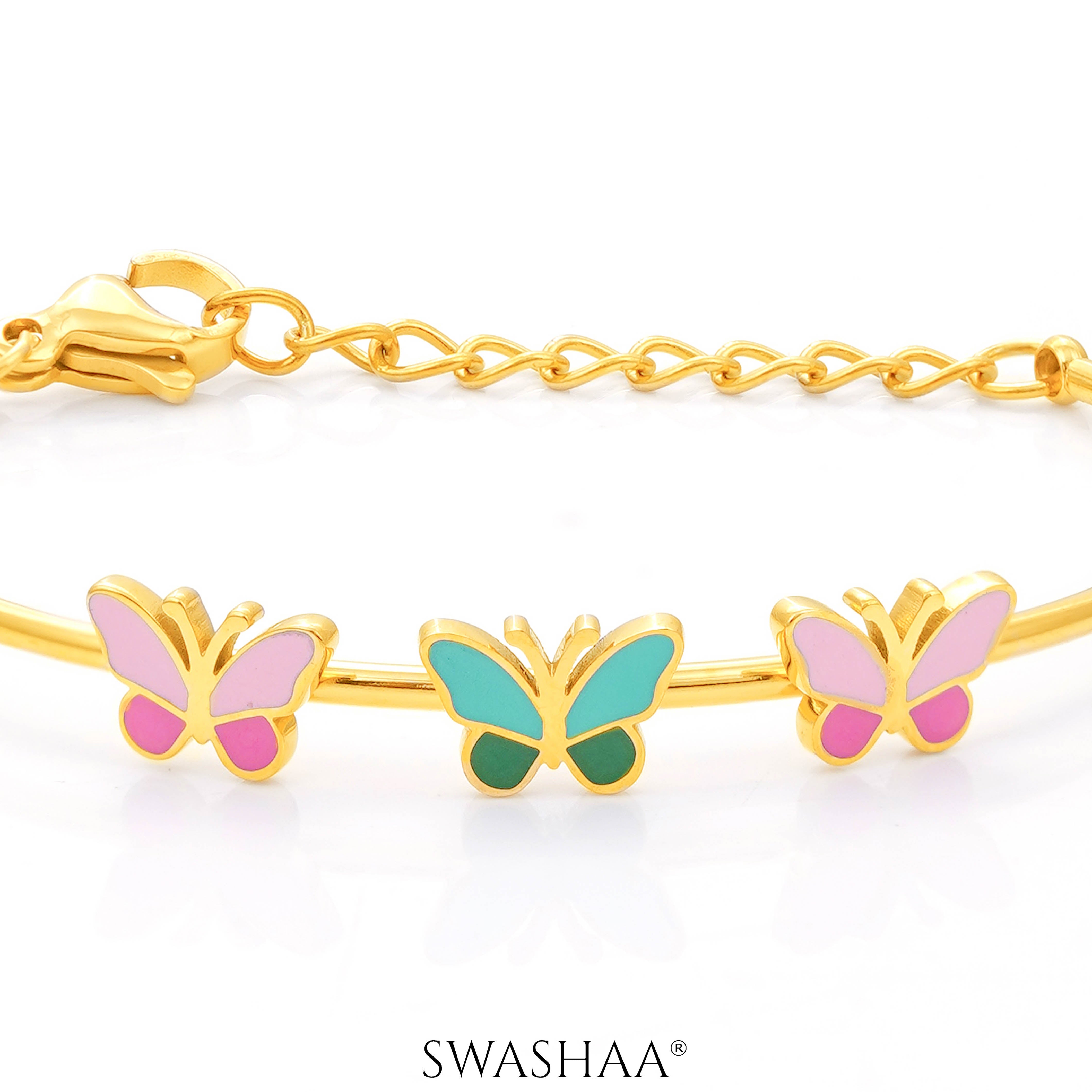 Three Butterfly Charms 18K Gold Plated Kid's Kada Bracelet