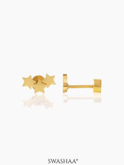 Three Star Charm 18K Gold Plated Kid's Stud Earrings
