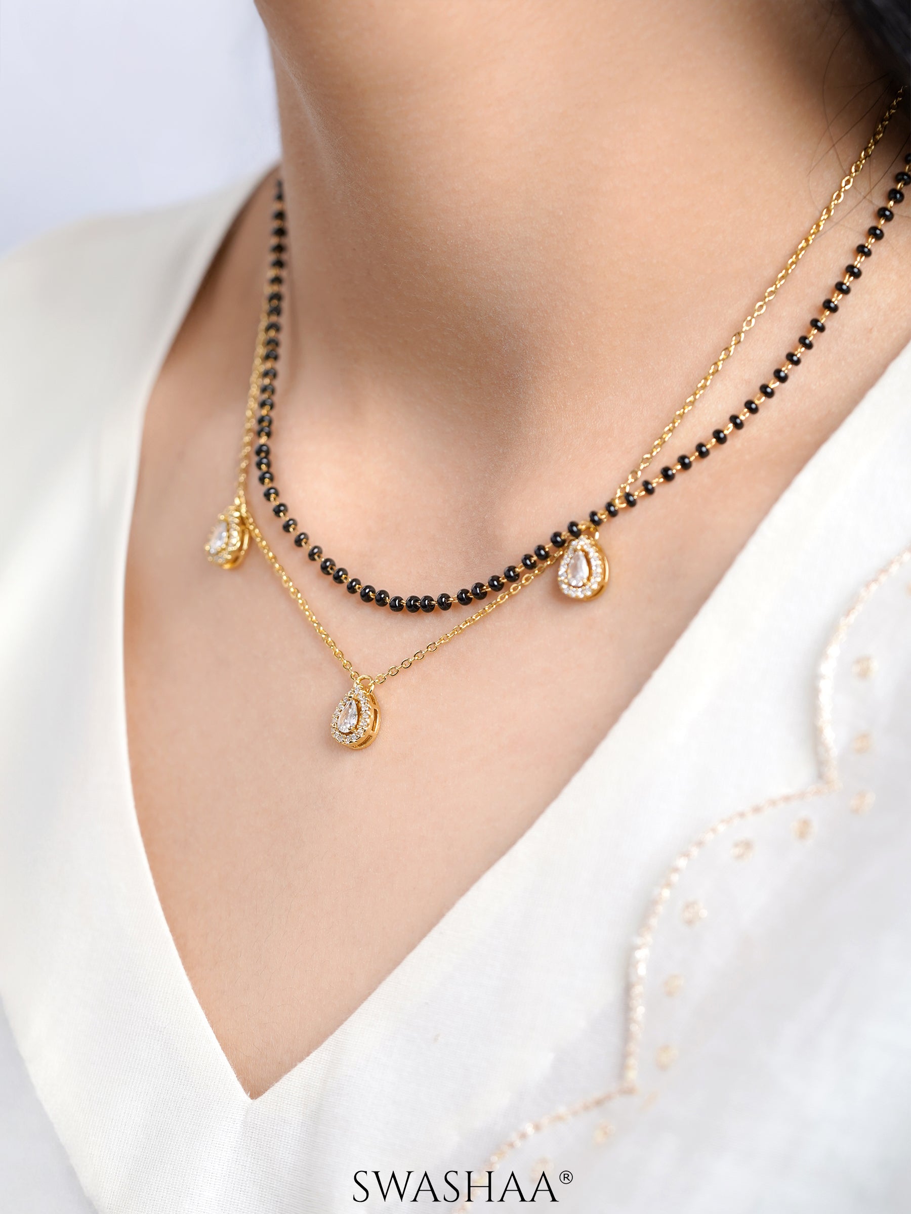 Tia Teardrop Diamonds Double Layered 18K Gold Plated Mangalsutra