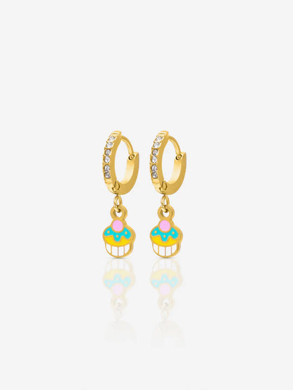 Tiny Cupcake Diamond Charm 18K Gold Plated Kid's Hoop Dangling Earrings