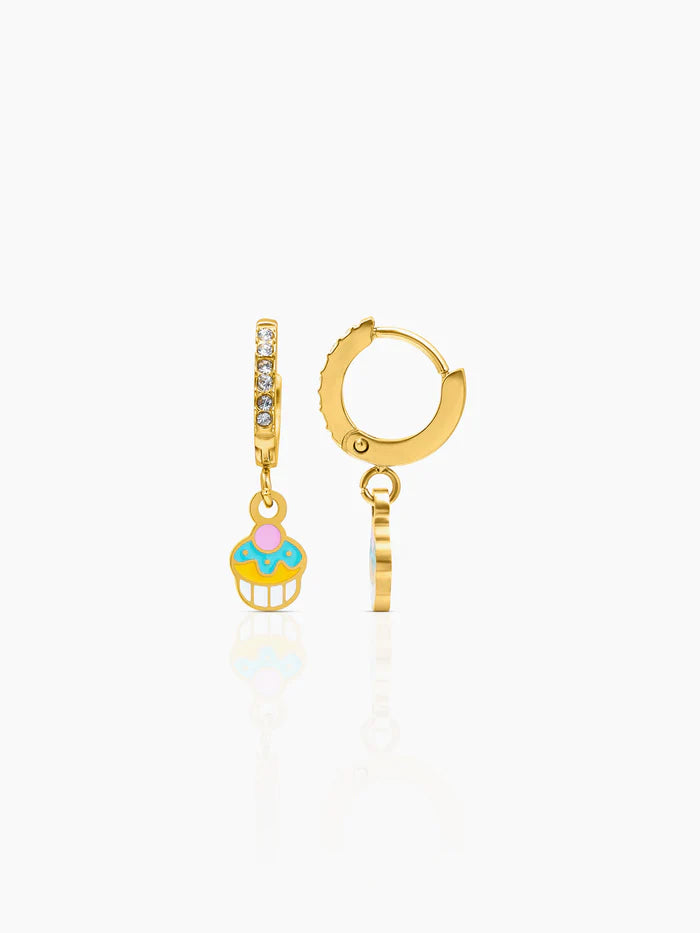 Tiny Cupcake Diamond Charm 18K Gold Plated Kid's Hoop Dangling Earrings