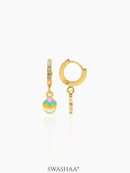 Tiny Cupcake Diamond Charm 18K Gold Plated Kid's Hoop Dangling Earrings