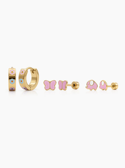 Tiny Friends Butterfly Elephant Flower 18K Gold Plated Kid's Earring Set 