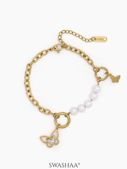 Tivya Butterfly Pearl Dangling Butterfly 
Charm, White Pearl Bead 18K Gold Plated Charm Women's Bracelet