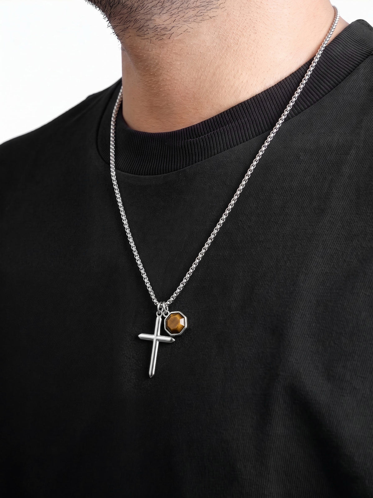 Tobias Cross Silver - Brown Charm Men's Chain Pendant Necklace
