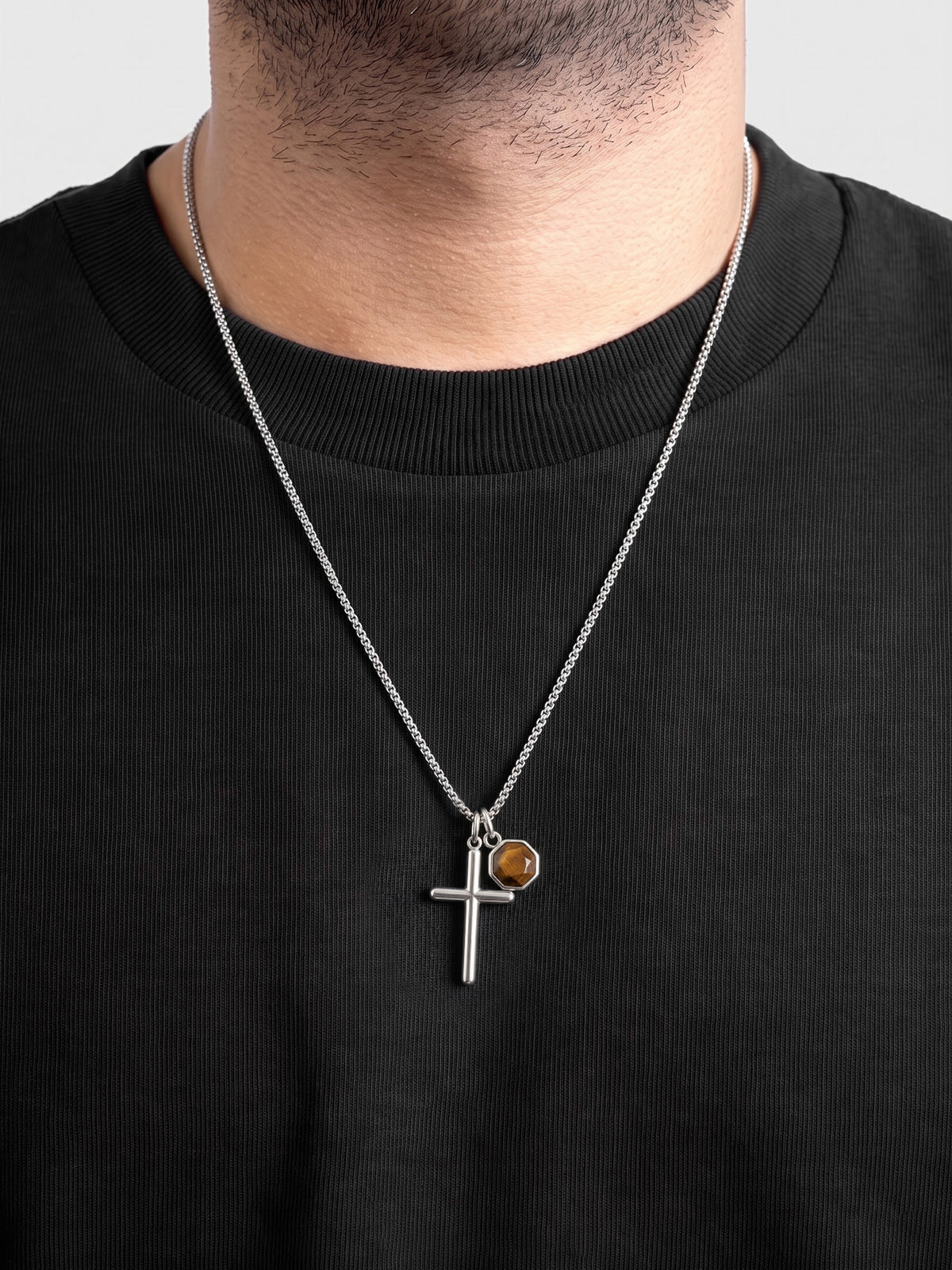 Tobias Cross Silver - Brown Charm Men's Chain Pendant Necklace
