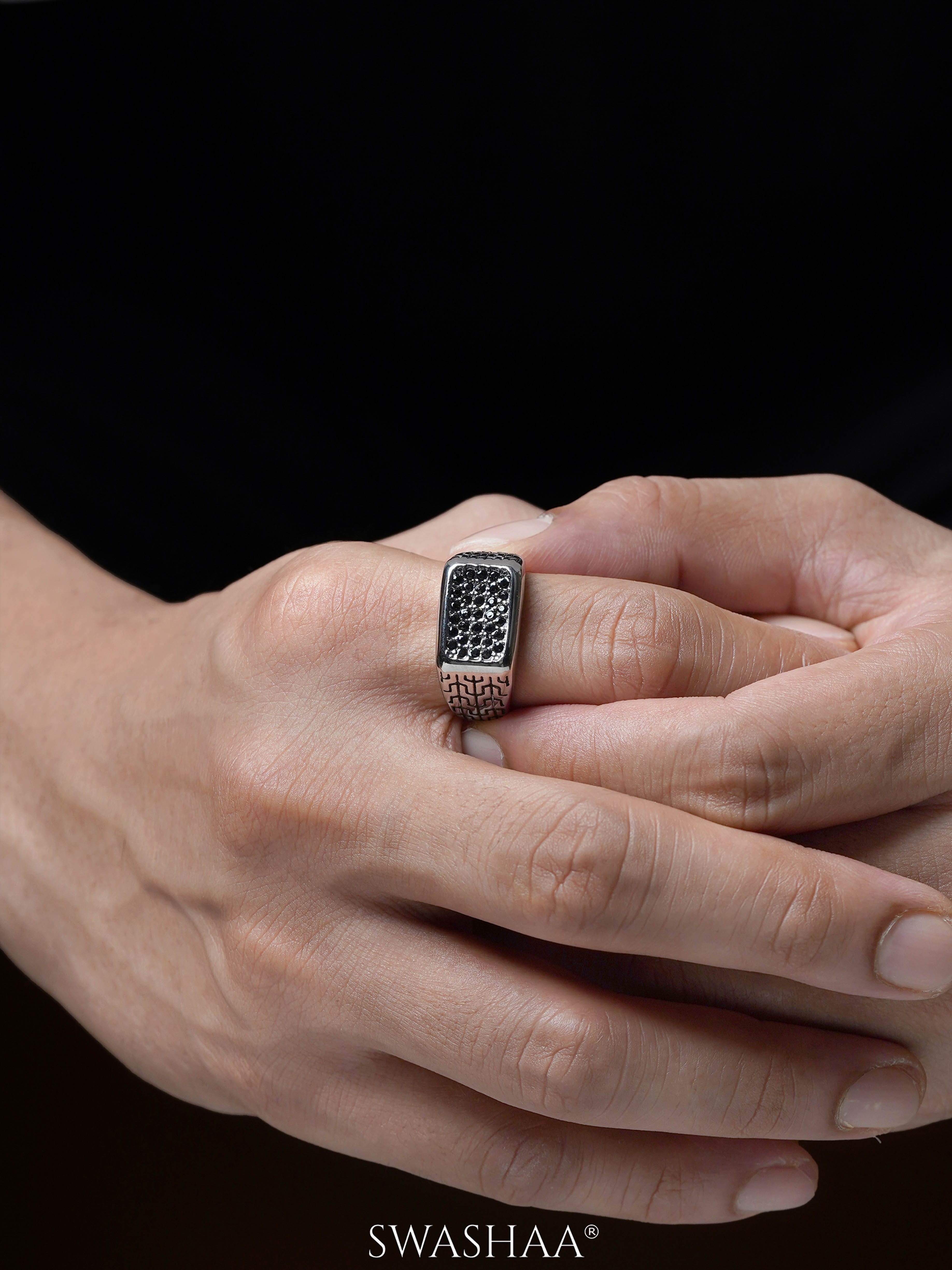 Torque Black Pave Diamond CZ Zircon Stones Rectangular Signet Band Men's Ring