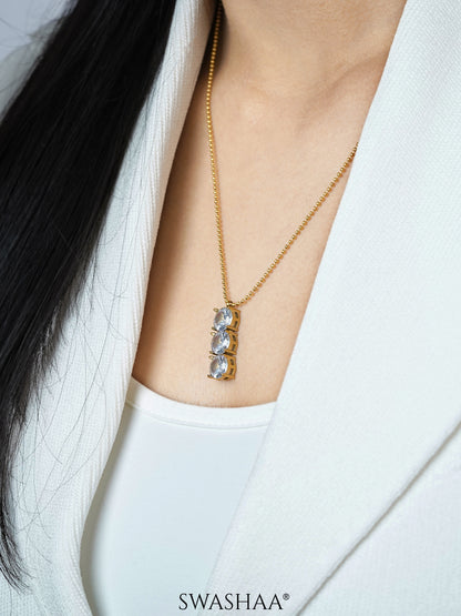 Tri Solitaire Chamrs 18K Gold Plated Chain Pendant Necklace