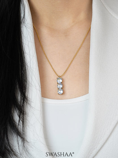 Tri Solitaire Chamrs 18K Gold Plated Chain Pendant Necklace