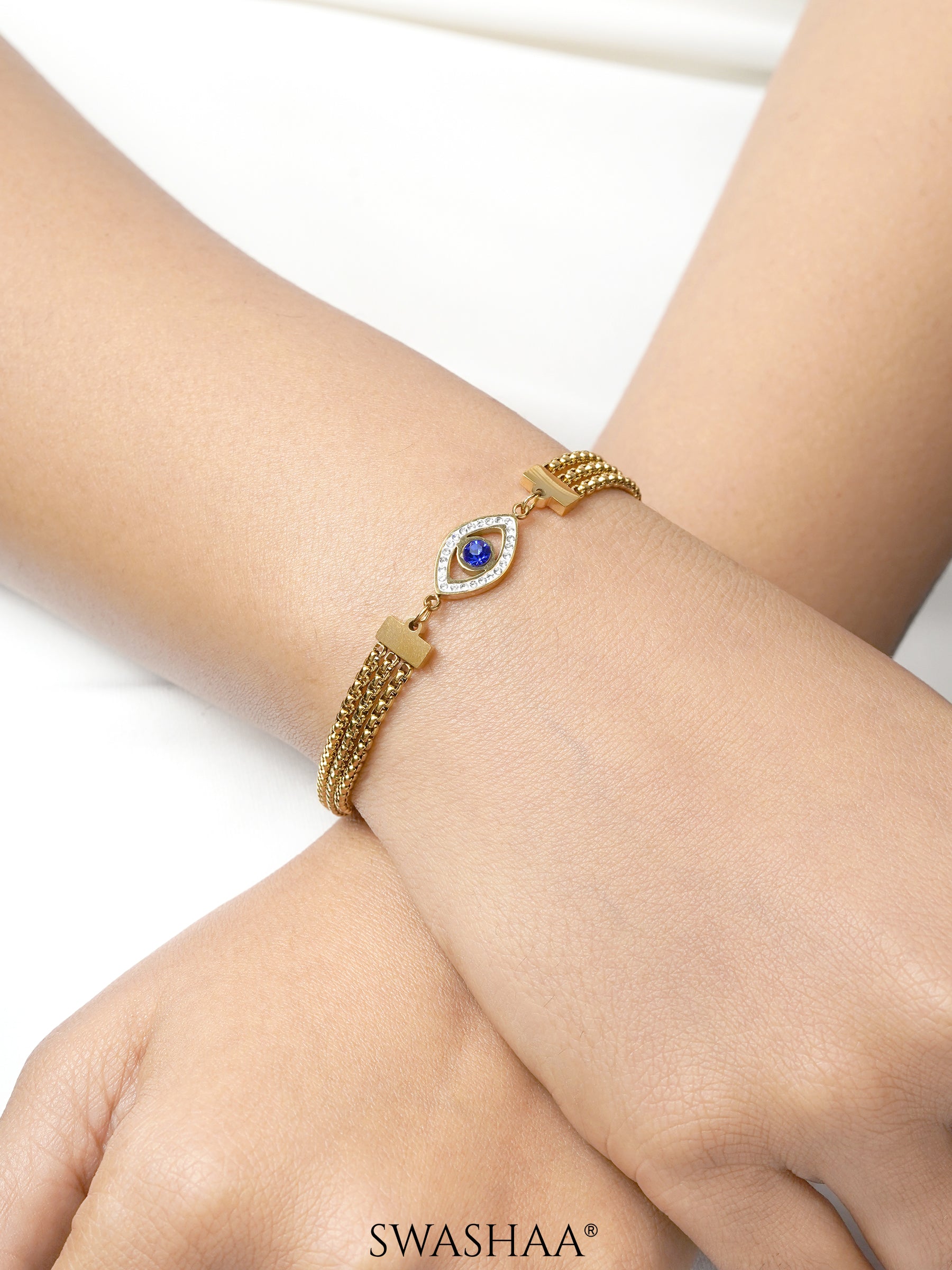 Trinity Blue Evil Eye Charm 18K Gold Plated Layered Chain Bracelet