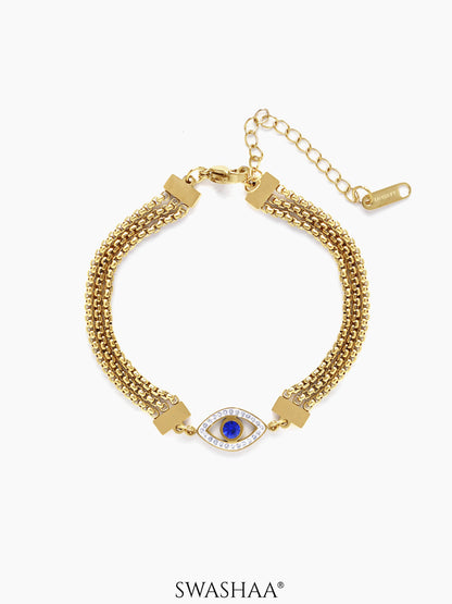 Trinity Blue Evil Eye Charm 18K Gold Plated Layered Chain Bracelet