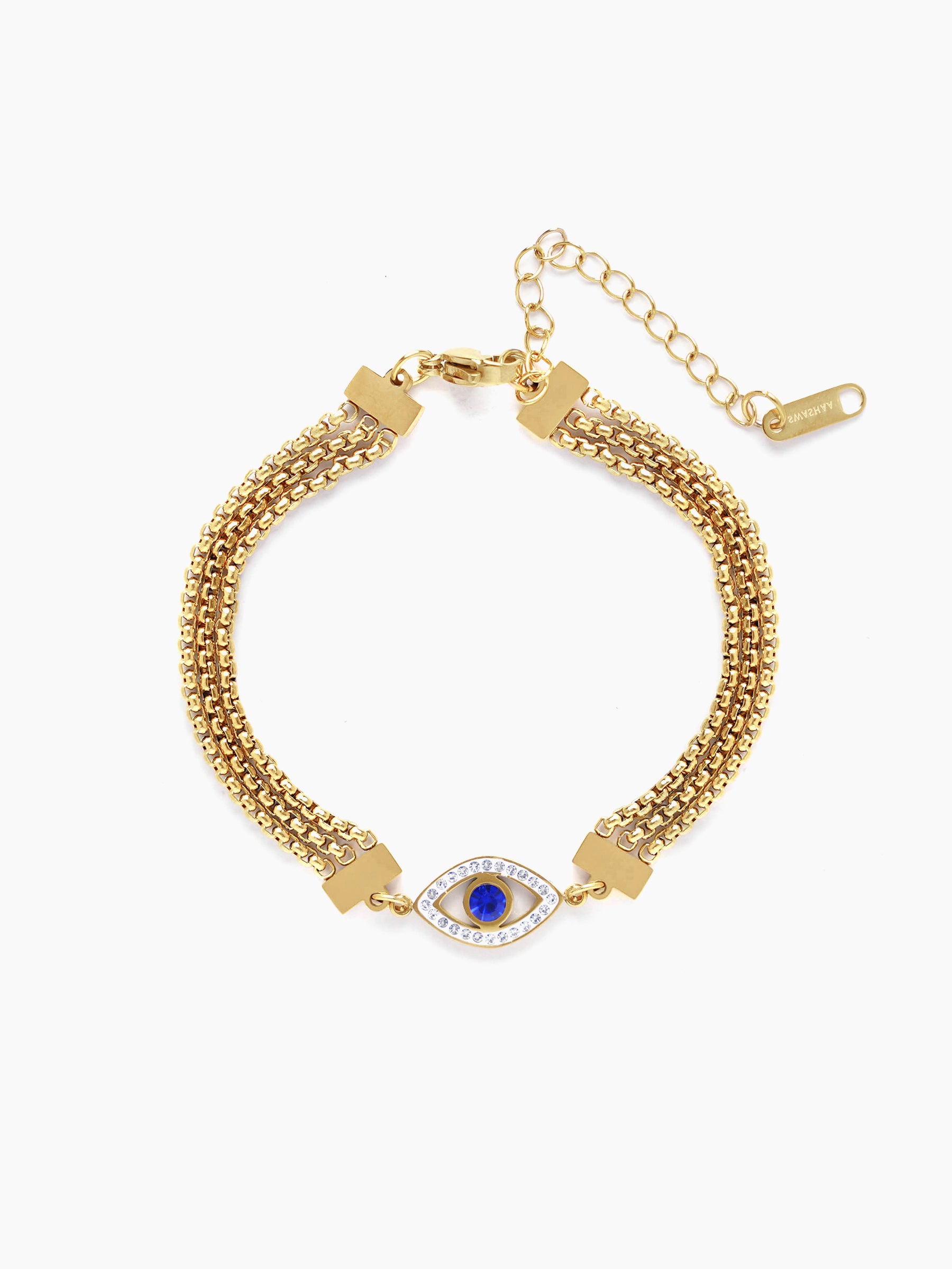 Trinity Blue Evil Eye Charm 18K Gold Plated Layered Chain Bracelet