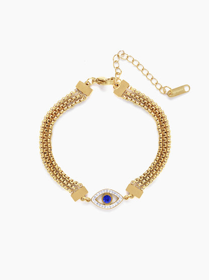 Trinity Blue Evil Eye Charm 18K Gold Plated Layered Chain Bracelet