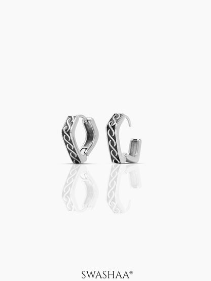 Troy Carved Swirl Square Silver Men's Hoop Earrings