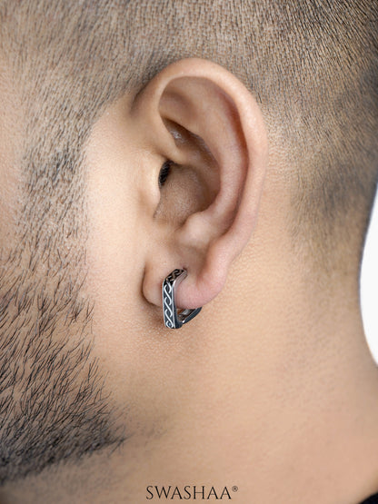 Troy Carved Swirl Square Silver Men's Hoop Earrings