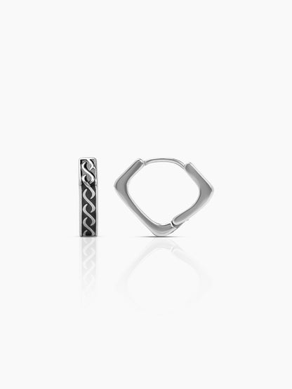 Troy Carved Swirl Square Silver Men's Hoop Earrings